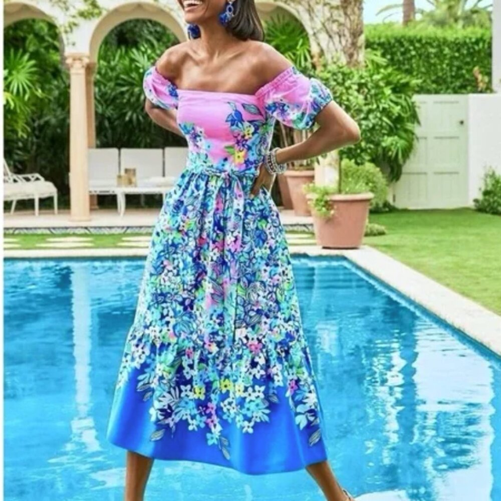 Lilly Pulitzer Zalie Midi Off Shoulder Dress Borealis Blue Sunset Floral Size 8